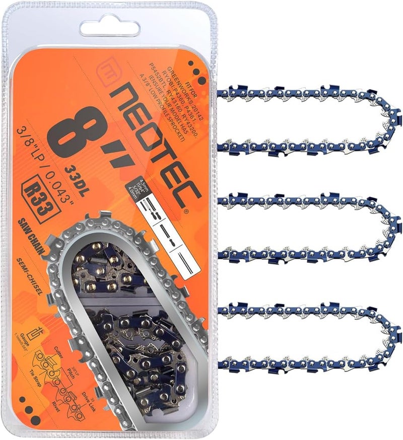 NEO-TEC 8 Inch Chainsaw Chain, 3/8"LP Pitch,0.043" Gauge 33 Drive Links R33 Chain Compatible with Makita Homelite 43160 Worx 349 Milwaukee 3004-20 4361 and more（3chains） - Image 1